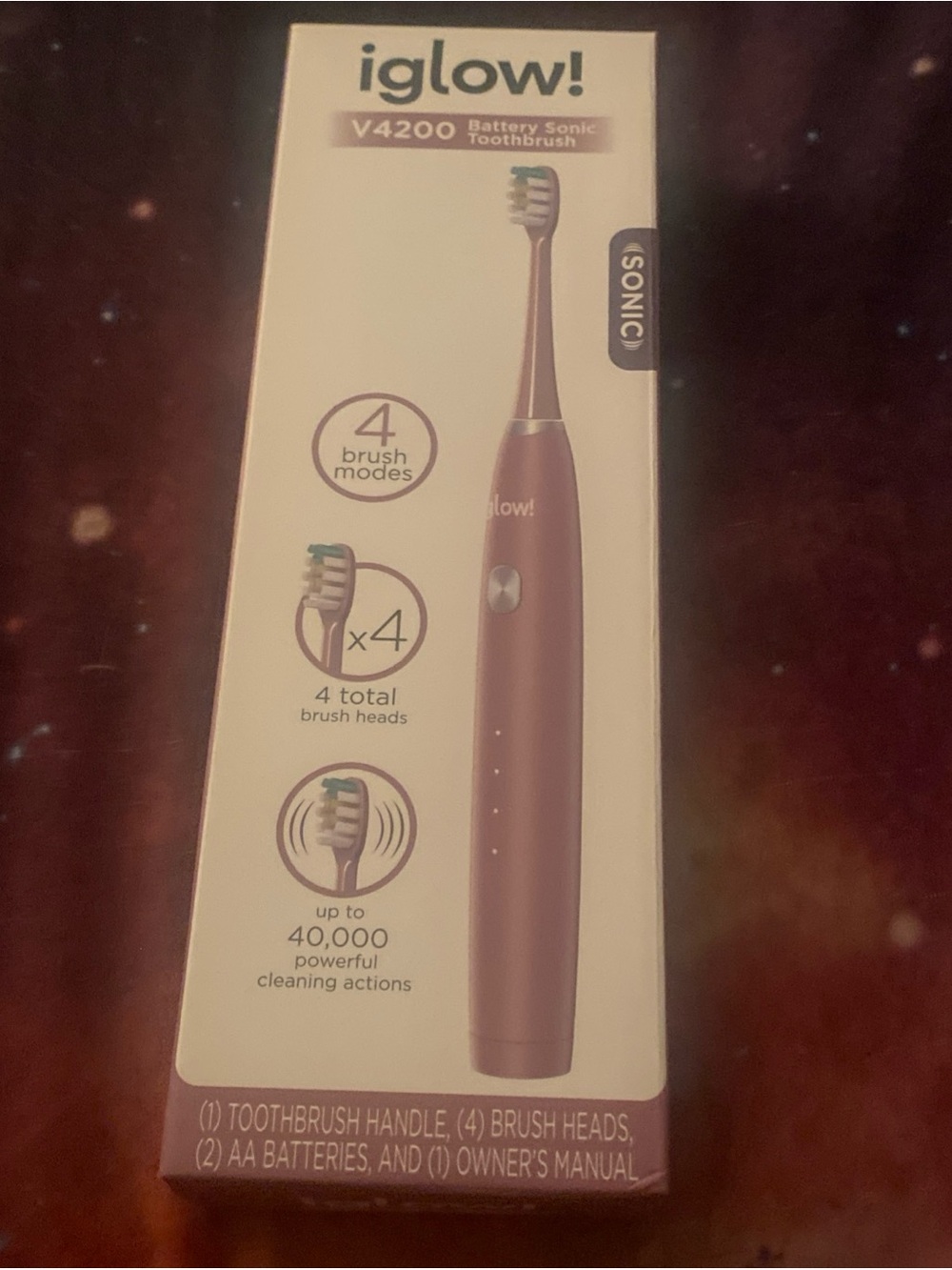 I Glow Iglow V4100 Factory Sealed Battery Sonic Toothbrush 4 Brush Heads NIB